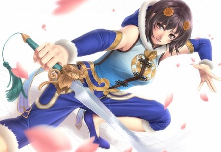 Chai Xianghua - dagger, sexy, hot, female, soul calibur, fighter, anime girl, brown hair, cherry blossom, battle, cool, chai xianghua, petals, sword, chinese clothes, short hair