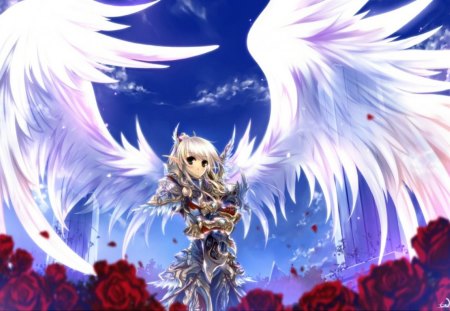 Blood Elf - blood, feathers, elf, girl, wings, roses, petals, armor, female, angel