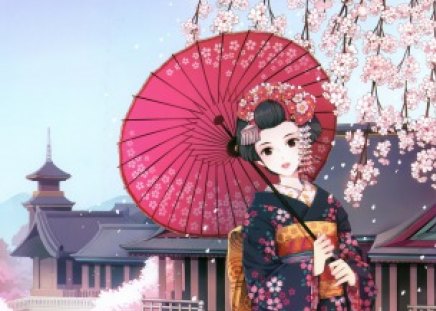 Geisha - female, girl, buildings, cherry blossom, geisha, umbrella, petals, anime, temple, flower