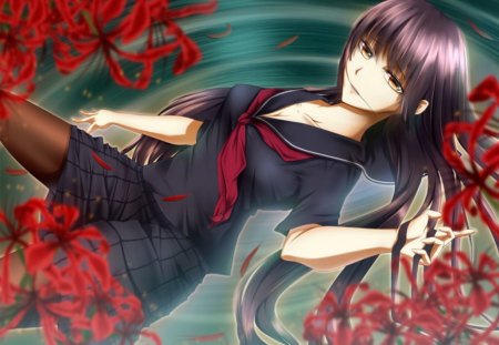 Kanou Yuuko - kanou yuuko, female, girl, school, water, uniform, pond, flower