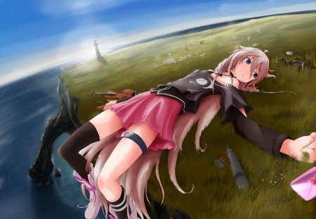 IA - pretty, artistic, sunrise, pink, uniform, stunning, cliff, nice, program, leggings, thighhighs, beauty, virtual, cg, battery, white, sunset, cute, aqua eyes, song, outfit, horizon, vocaloid, anime, blue, amazing, grass, microphone, music, pink hair, art, sun, idol, anime girl, laying, skirt, beautiful, violin, tower, sea, singer, girl, cool, ocean, black, ia, awesome, diva, digital, thigh highs, vocaloids