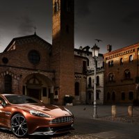 aston martin vanquish in church courtyard