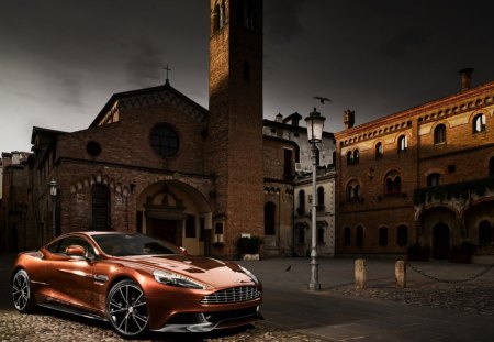 aston martin vanquish in church courtyard - courtyard, car, church, grey skies