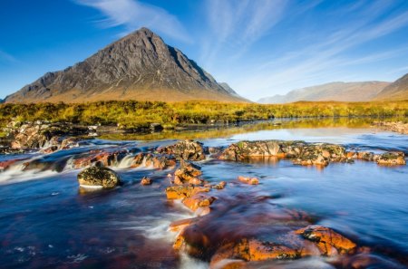 beautiful nature landscape - sky, mountain, rocks, river