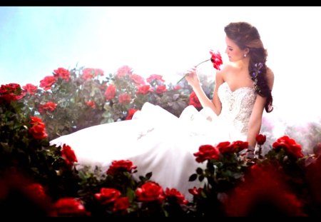 Wedding Dream - wedding, petals, long hair, dream, dress, flower