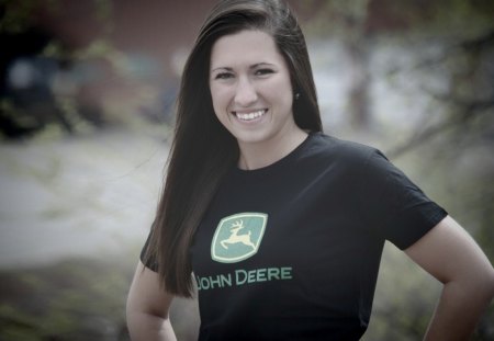 She owns a Deere - beautiful, photography, photoshop, hair, smile, john deere, woman, face, country, brunette