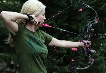 Embrace the Elements - woman, hunting, bow and arrow, camouflage, archer, country, bow, angie, pink, beautiful, compound bow, embrace, arrow, elements, hunter, blonde