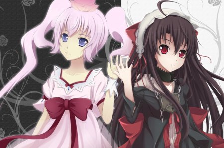 Anime girls - twintail, girls, black, pink