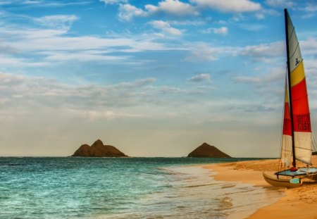 Boat on the Beach - beauty, sky, beach, ocean waves, peaceful, sailboats, colorful, view, clouds, sand, boat, ocean, boats, sailing, lovely, waves, nature, beautiful, splendor, colors, sailboat, sea