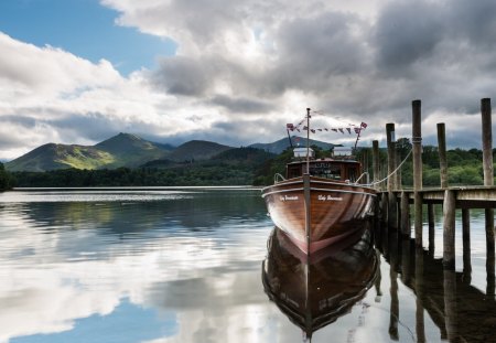 Reflection - beauty, sky, peaceful, sailboats, water, mountains, view, reflection, clouds, boat, lake, landscape, boats, wooden, sailing, lovely, nature, pier, beautiful, splendor, sailboat