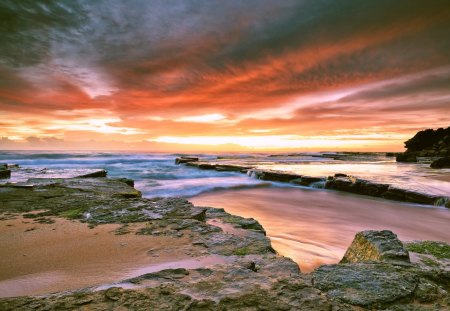 Sunset - beach, splendor, sand, view, ocean waves, sky, clouds, beautiful, sea, beauty, colors, lovely, ocean, colorful, nature, sunset, waves, peaceful, rocks