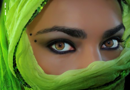 Brown eyes - beauty, veil, stare, lady, brown eyes, make up, eyes, beautiful lady, face, green