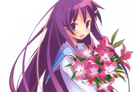 Anime girl with flowers - anime, purple, girl, flower