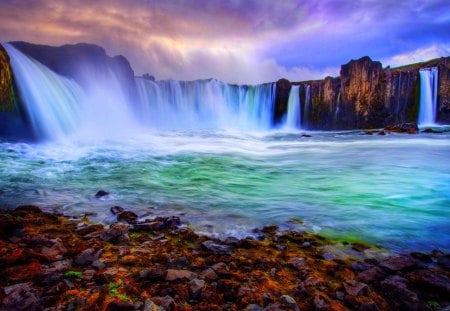 FALLS PARADISE - sky, pool, wide, waterfalls, stone, nature