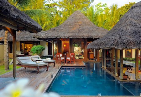 A place to spend a holiday - summer, villa, bed, holiday, exotic, palm trees, hotel, place, houses, house, bungalows, palms, rest, tropics, tropical, pool, destination