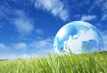 Photo composition - Globe on Grass under blue sky - globe, cg, abstract, blue sky, grass