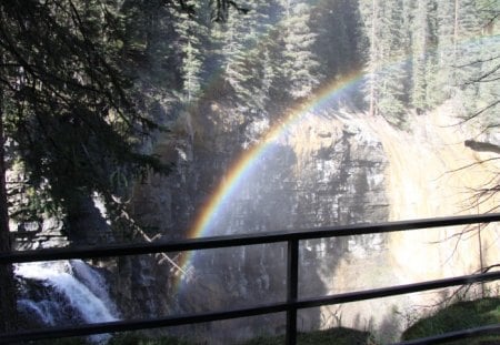 Waterfalls with the rainbow - waterfalls, trees, green, photography, Rainbows, Rivers