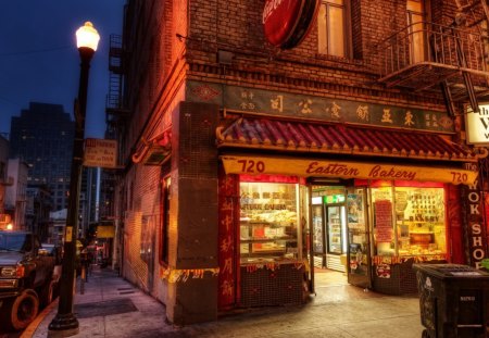 bakery in chinatown new york - city, street, lights, store