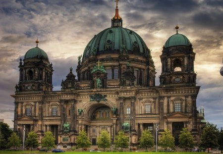 old and new german architecture - cathedral, clouds, street, tower