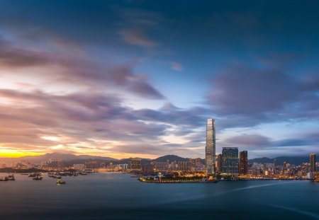 beautiful sunset on hong kong - city, bay, sunset, clouds