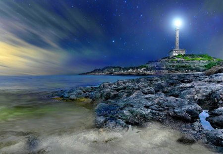 wonderful starry lighthouse - lighthouse, stars, rocky coast, light