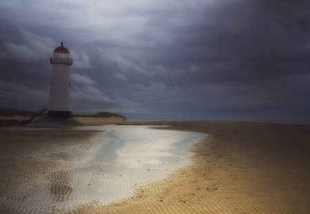 glorious lighthouse scape - beach, lighthouse, ripples, clouds