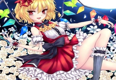 Flandre Scarlet - flandre scarlet, crystal  wings, hairband, crystal, short hair, touhou, sitting, moon, hot, blonde hair, cool, sweet, flower, hair bow, wings, cute, sexy, full moon