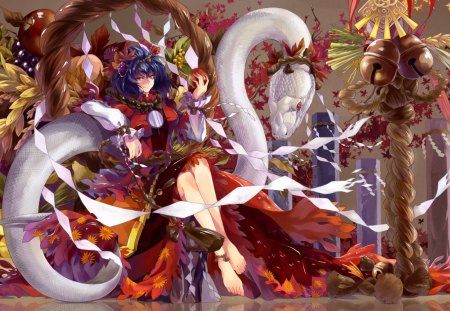 Yasaka Kanako - snake, hot, food, cool, bell, white snake, touhou, yasaka kanako, blue hair, fruit, barefoot, apple, sitting, sexy