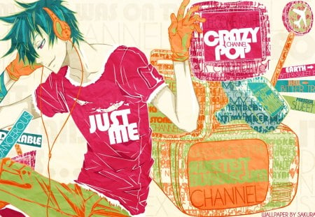 Just Me - sexy, hot, t shirt, music, just me, red eyes, blue hair, abstract, headphones, boy, anime, cute