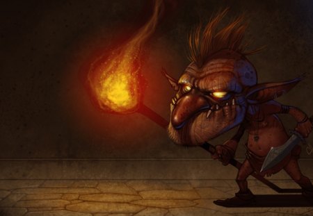 Goblin Warrior - warrior, fire, fantasy, art, dark, goblin, red, creature, sword