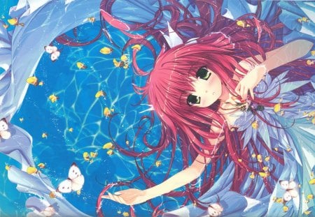 Anime - dresss, anime, water, pond, girl, butterfly, ocean, long hair