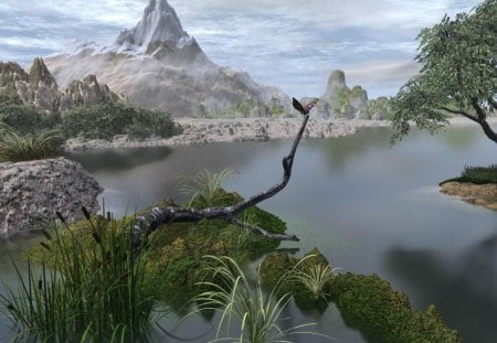 fantasy island - lake, 3d, mountain, island