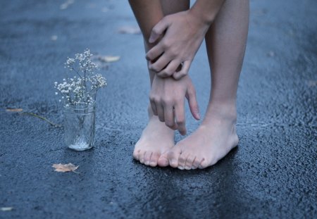 Barefoot - hands, glass, flowers, barefoot, foot, ground