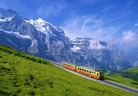 Railroad - train, railroad, mountain, green grass, alps, high, road