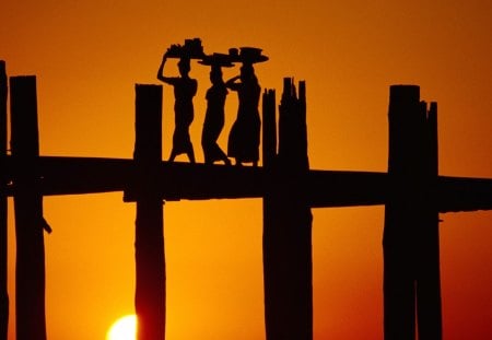 Silhouettes - girls, silhouettes, sunset, bridge