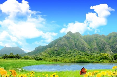 Nature beauty - fields, dandelions, mountain, stream, green, flowers