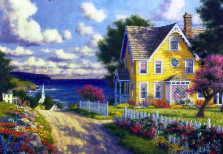 SEASIDE VILLAGE - ocean, beach, houses, artworks, gardens, fences, shady lane, pathway, clouds, homes, flowers, sea