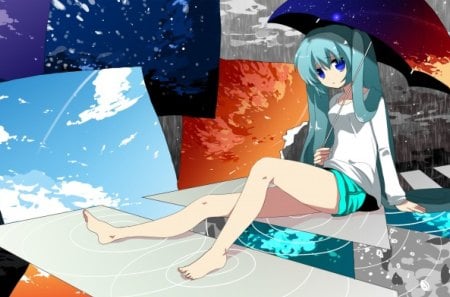 Anime - vocaloid, umbrella, anime, colors, miku