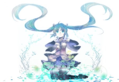 Hatsune Miku - aqua, thigh highs, thighhighs, music, anime girl, stockings, white, amazing, art, cool, aqua eyes, artistic, hatsune miku, skirt, leggings, song, kneeling, stunning, vocaloids, program, vocaloid, beautiful, uniform, diva, beauty, nice, water, twintail, aqua hair, singer, black, virtual, pretty, idol, anime, miku, cute, twin tail, girl, cg, hatsune, blue, tie, awesome, digital, outfit