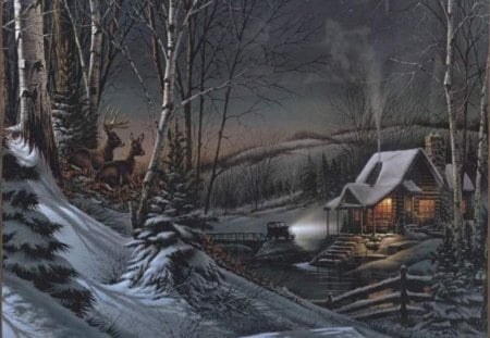 dark cold winter - snow, scenic, winter, cottage