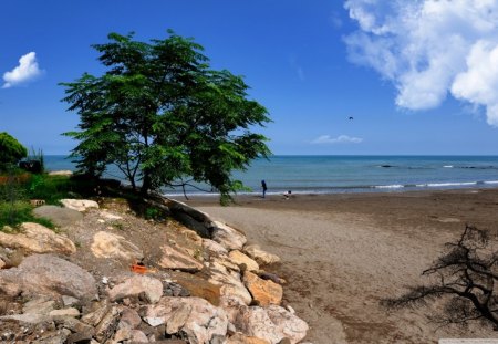 Khazar Sea - rocks, water, beach, daylight, ocean, sand, sky, bright, clouds, trees, nature, day