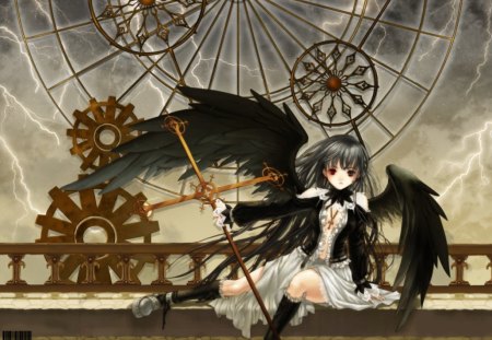 Dark Angel - short hair, female, wings, girl, angel, gears, dark