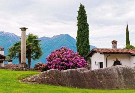 Beautiful Place - free, lanterns, beautiful, grass, lamps, view, nature, mountains, landscape, beauty, flowers, buildings, peaceful, sky, lamp, houses, clouds, lovely, splendor, house, trees, colors, green