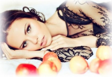 Brunette - woman, fashion, smile, sweet, brunette, apples, model