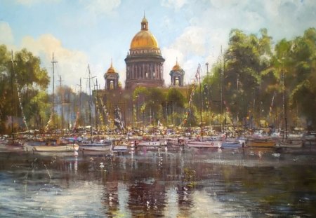 ST PETERSBURG IN JULY - trees, harbour, buildings, boats, river, nature, historic, cities, canal, art