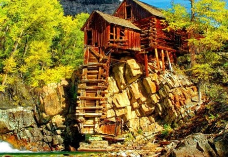 Mill near the river - grist mill, trees, summer, high, mill, creek, stream, forest, mountain, stones, nature, green, emerald, sky, rocks