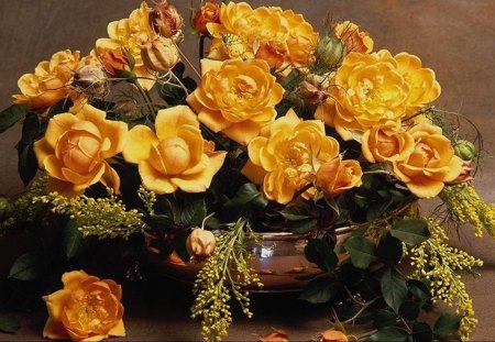 yellow arrangement - flowers, yellow, still life, arrangement