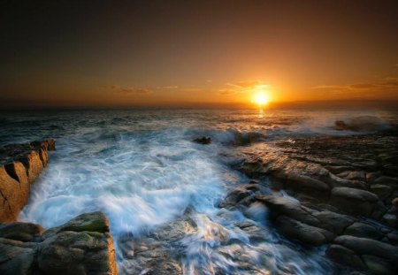 Sunset Tide - yellow, rock, ocean, daylight, tide, white, sunset, nature, waves, day, sun, sky