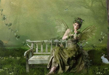 BUTTERFLY GIRL - nature, benches, forests, fantasy girls, forest folk, butterflies