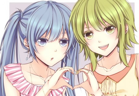 heart - hatsune miku, sawao, vocaloid, gumi, 2girls